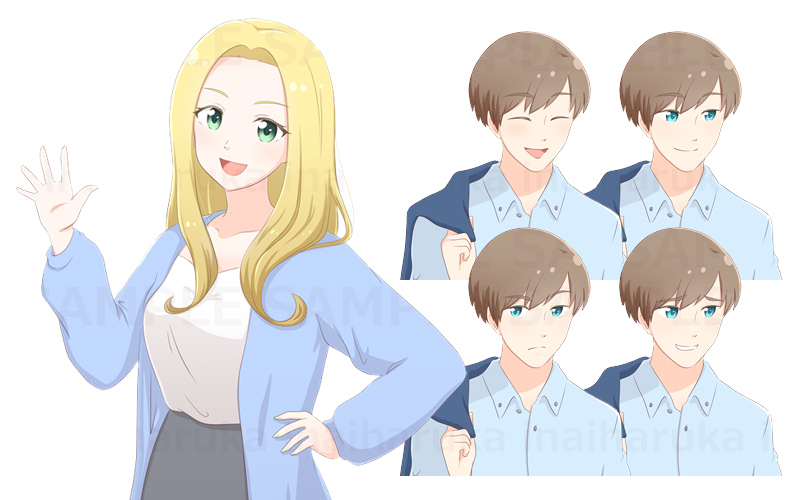 イラスト キャラクター 立ち絵 オンライン英会話教室の男女キャラクター 稲井ハルカイラスト制作所